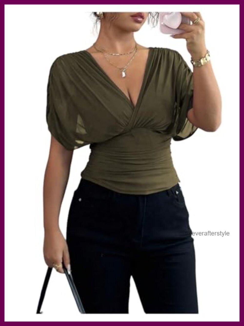 Women's Wrap Top V-Neck Short Sleeve Mesh Cinched Waist Going Out Date Night